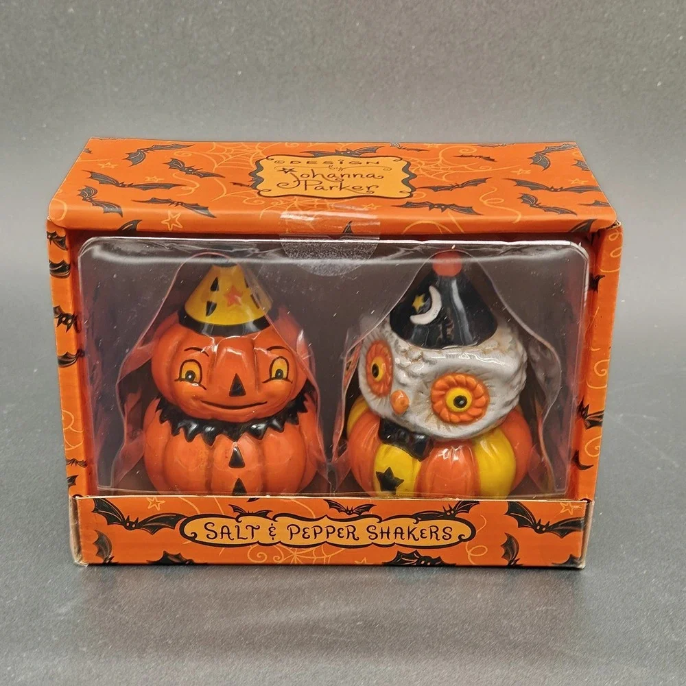 Johanna Parker Halloween Pumpkin Owl Salt & Pepper Shakers Ceramic Set NEW